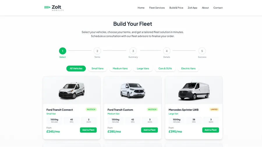 Zolt Mobility Build Your Fleet—vehicle selection and add to fleet