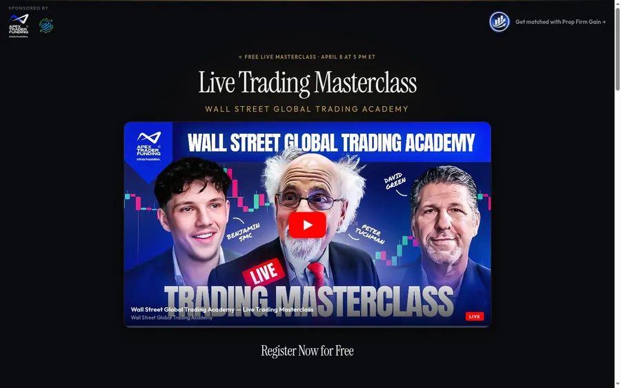 WSGTA Live Trading Masterclass event lander hero with YouTube-style video player on a dark editorial background